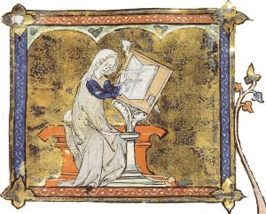 Marie de France écrivant, par le Maître de Jean de Papeleu [Domaine public], via Wikimedia Commons